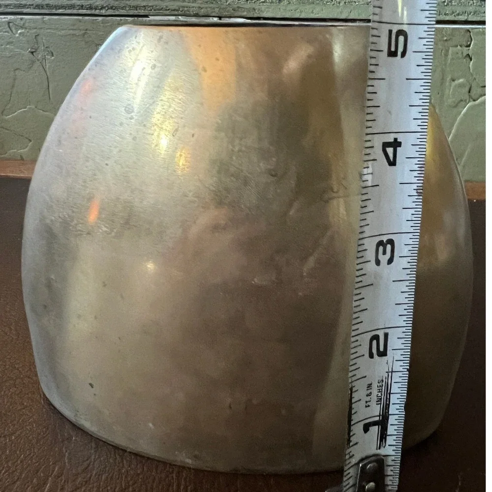 Vintage Aged Modernist Brass Vase Sculptural Elliptical Vessel Mid Century Decor